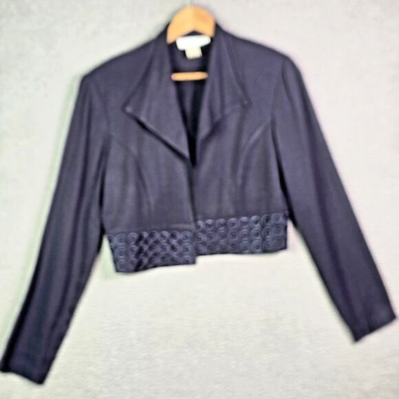 Betsys Things Cropped Navy Blue Jacket Size 10 Embroidered Hem Vintage - Picture 10 of 10